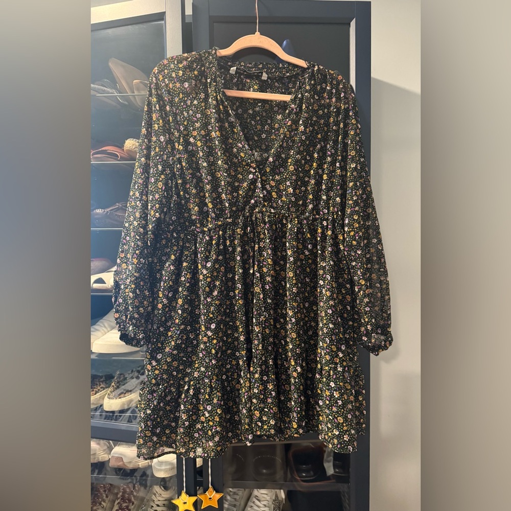 Zara Black Multicolor Floral Long Sleeve Dress